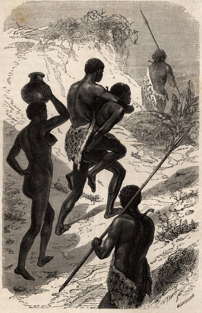 Su majestad Katchiba en un viaje, líder de la tribu Obbos (tribu de la región del Nilo Blanco), a lomos de uno de sus súbditos y siempre acompañado por otros dos para que sirvan alternativamente como guía y montura, una mujer los acompaña que lleva un de Unknown artist