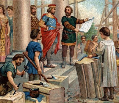 Episodios históricos de ciudades famosas: Clodoveo elige París como residencia permanente (en 508). Cromolitografía del siglo XIX de Unknown artist