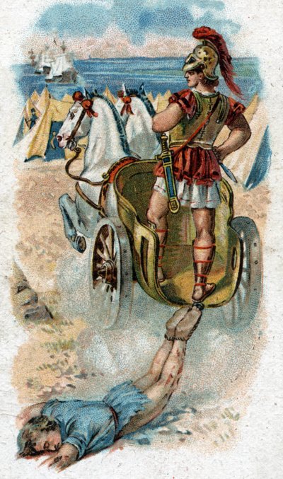 Historia de la vida de Aquiles, héroe legendario de la Guerra de Troya: Aquiles arrastra el cuerpo de Héctor detrás de su carro. Cromolitografía de 1890 de Unknown artist
