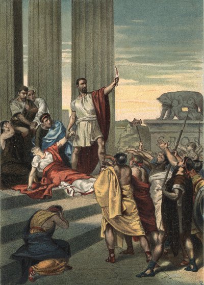 Historia de la Antigua Roma: Lucrecia, Bruto y Colatino. Lucrecia (Lucrezia, Lucretia, dama romana) fue víctima de violencia por su primo Sexto Tarquinio, hijo de Tarquinio el Soberbio. Lucrecia llamó a su padre y esposo (Colatino) y llegaron con de Unknown artist
