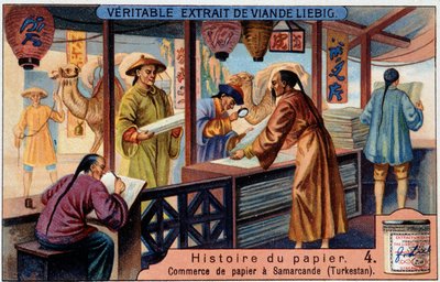 Historia del Papel. 4. Comercio de papel en Samarcanda (Turquestán). Cromolitografía de Liebig de Unknown artist