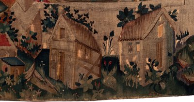 Historia de San Piat y San Eleuterio, Escena 7: Bautismo de los exiliados cristianos. Detalle inferior. Dos casas. de Unknown artist