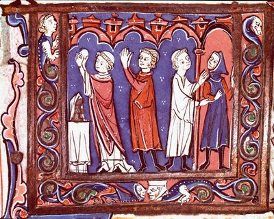 Historia del derecho canónico: escena de comunión (izquierda) y excomunión (derecha). Miniatura de 