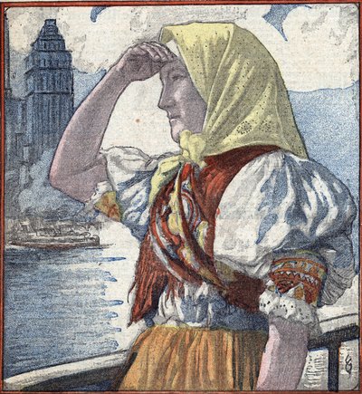 Historia de la inmigración en América: una joven inmigrante llega a Ellis Island mirando Nueva York a lo lejos Ilustración de "Le Pelerin" 15 de abril de 1934 Colección particular de Unknown Artist