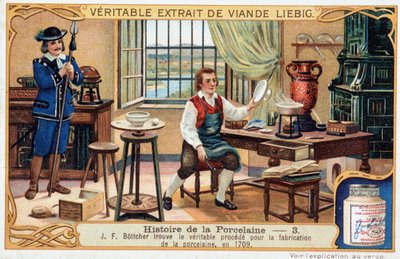 Historia de la porcelana: Johann Friedrich Bottger (Böttcher o Böttiger) (1682-1719) encuentra el método verdadero para hacer porcelana en 1709 - cromolitografía de Liebig de Unknown artist