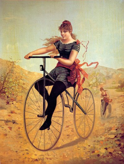 Historia de la bicicleta: velocipedista o una mujer pedaleando en una bicicleta de Unknown artist