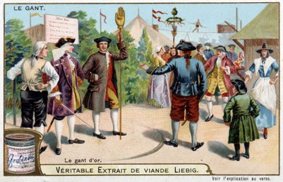 Historia del guante: el guante dorado en Inglaterra - cromolitografía de Liebig de Unknown artist