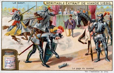Historia del guante: arrojar el guante, prenda de batalla en torneos de caballeros - Cromolitografía de Liebig de Unknown artist