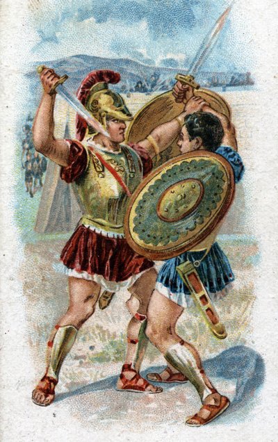 Historia de la vida de Aquiles, héroe legendario de la Guerra de Troya: Aquiles luchando contra Héctor para vengar la muerte de Patroclo. Cromolitografía de 1890. de Unknown artist