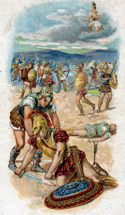 Historia de la vida de Aquiles, héroe legendario de la Guerra de Troya: muerte de Aquiles, al pie de los muros de Troya, el talón, su punto débil, atravesado por una flecha lanzada por Paris. Cromolitografía de 1890. de Unknown artist