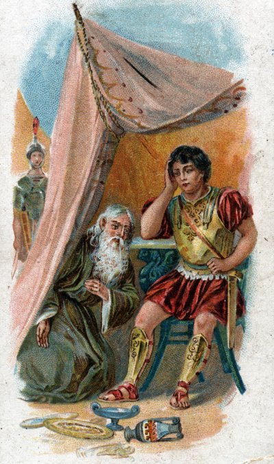 Historia de la vida de Aquiles, héroe legendario de la Guerra de Troya: el anciano sabio Néstor convence a Patroclo, amigo de Aquiles, de sustituirlo para luchar contra la ciudad de Troya. Cromolitografía de 1890. de Unknown artist