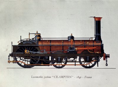 Historia del transporte: modelo de locomotora, sistema Crampton nombrado en honor a Thomas Russell Crampton (1816-1888), ingeniero británico: creó una locomotora de alta velocidad. Grabado de 1849 de Unknown artist