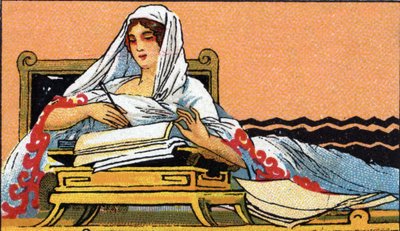 Historia de la escritura: una joven escribe en un cuaderno en latín, principios del siglo XX (cromo) de Unknown Artist
