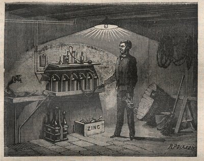 Electricidad en el hogar: Instalación de la batería inventada por Radiguet en un sótano - Grabado en "La Science française" de Unknown artist