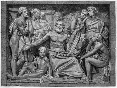 Homero cantando con su lira en una ciudad de Jonia. Grabado después del bajorrelieve de Mr. Hugues, gran premio de escultura del concurso escolar de 1875 de Unknown artist