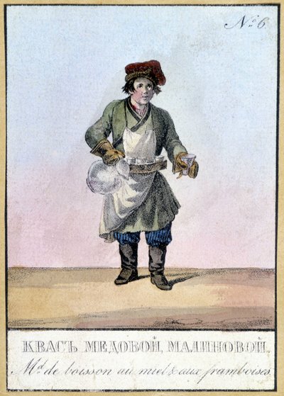 Vendedor de bebida de miel y frambuesa en Rusia en el siglo XIX. Ilustración del siglo XIX. de Unknown artist