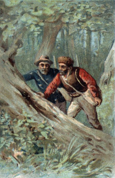 Cazadores de miel en Canadá buscando un árbol enjambre. Cromolitografía de finales del siglo XIX de Unknown artist