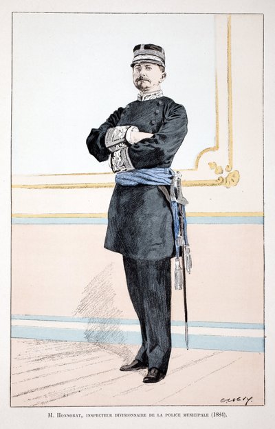 Honorat, Inspector Divisional de la Policía Municipal (1884). Aguafuerte en colores, para ilustración “Historia del cuerpo de los guardianes de la paz” libro publicado bajo los auspicios de Louis Lepine (1846-1933) prefecto de policía de la Sena, por Alfre de Unknown artist