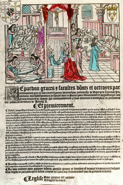 Hospital en el siglo XVI: Carta de indulgencia (Derecha: escena de hospital. Izquierda: moribundos y muertos) de Unknown artist