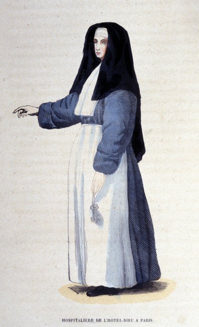 Hospitalaria del Hôtel-Dieu en París. Grabado de un álbum sobre órdenes religiosas, París de Unknown artist