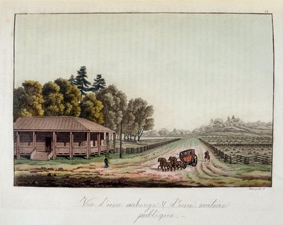 Hostal y diligencia en los Estados Unidos - en "El traje antiguo y moderno" de Ferrario, ed. Milán de Unknown artist
