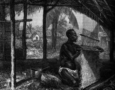 Zoo Humano: tejedora suavizada de Gabón en la Exposición Mundial de 1889. Grabado en "Le Journal de la jeunesse" de Unknown artist
