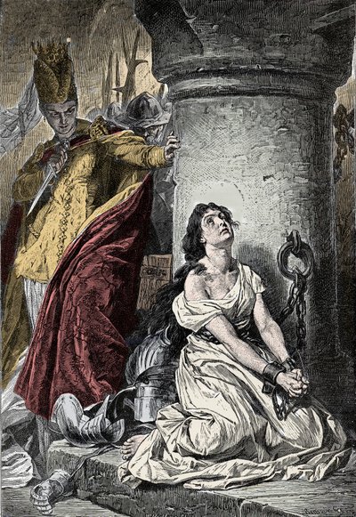 Guerra de los Cien Años: Juana de Arco (1412-1431) en la prisión de Ruan. En 1431, Juana de Arco, acusada de herejía, fue encarcelada en el calabozo del castillo de Felipe Augusto en Ruan de Unknown artist