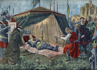 Guerra de los Cien Años: "La mort de Bernard du Guesclin (1320-1380) devant Chateauneuf de Randon le 13/07/1380" - Muerte de Duguesclin (durante el sitio de Chateauneuf-de-Randon el 13 de julio de 1380) - Ilustración de "Le pelerin" 7 de agosto de 1921 Pri de Unknown Artist