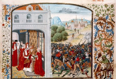 Guerra de los Cien Años: El Papa Gregorio XI (1329-1378) coronado en Aviñón en 1370. La batalla de Pontvallain entre franceses e ingleses el 4/12/1370 de Unknown artist