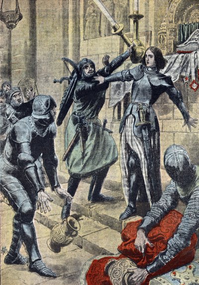 Guerra de los Cien Años: "Representación de la heroína francesa Juana de Arco (1412-1431) impidiendo que los soldados de Carlos II de Albret saquearan la iglesia de Saint-Pierre-le-Moutier, Nievre Borgoña, 4/11/1429" (La heroína francesa Juana de Arco luch de Unknown Artist