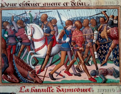 Guerra de los Cien Años: La batalla de Azincourt el 25/10/1415. Miniatura del manuscrito de Vigiles del Rey Carlos VII por Martial d