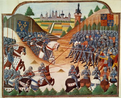 Guerra de los Cien Años: la batalla de Formigny (Calvados) el 15/04/1450 entre el ejército inglés de Thomas Kyriell y Jean de Clermont. Miniatura iluminada del manuscrito 