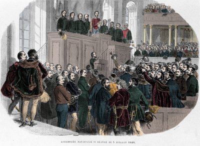 Revolución Húngara de 1848: Primera reunión de la Asamblea Nacional en Hungría el 5 de julio de 1848. Grabado en “Hungría Histórica por J. Boldenyi París 1853” de Unknown artist