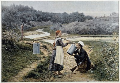 Cazador y niña en la fuente (Rusia) - fotografía, finales del siglo XIX de Unknown artist