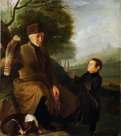 Cazador con halcón. Retrato del Príncipe Platon Alexandrovich Zubov e Ivan Andreevich Yakubovsky de Unknown artist