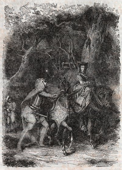 Hipalca arrestada por Rodomonte - grabado de 1851 de “Roland Furioso” (Orlando furioso) (siglo XVI) de Ludovico Ariosto, conocido como el Ariosto - Edición traducida del italiano por el Conde de Tressan y publicada por Gustave Harvard. de Unknown artist