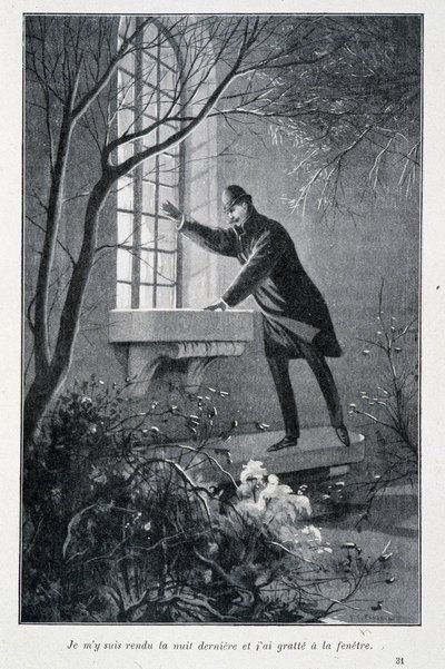 Fui anoche y rasqué en la ventana, ilustración en “Las primeras hazañas de Sherlock Holmes” de Conan Doyle. Sd. circa 1890 de Unknown artist