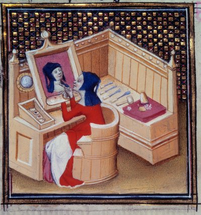 Iaia (Marcia de Cyzique), una pintora romana, pintando su propio retrato en miniatura de “De mulieribus claris” (De mujeres claras y nobles) de Giovanni Boccaccio (1313-1373) de Unknown artist