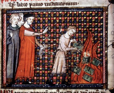 Iconoclastas arrojando manuscritos en miniatura al fuego. Manuscrito del siglo XIV de Unknown artist