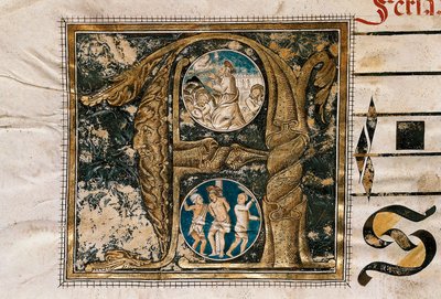 Letra iluminada de la predicación de Jesús ante los apóstoles y la flagelación, tomada de un manuscrito de cantos litúrgicos de Unknown artist