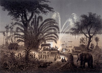Iluminación del río durante el Festival de Bassac, Laos siamés. En “Atlas del viaje de exploración en Indochina realizado durante los años 1866-1868” publicado bajo la dirección de F. Garnier 1873. de Unknown artist