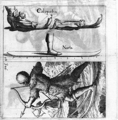 Tablero ilustrado que representa un tipo antiguo de esquí. Grabado de finales del siglo XVII. de Unknown artist