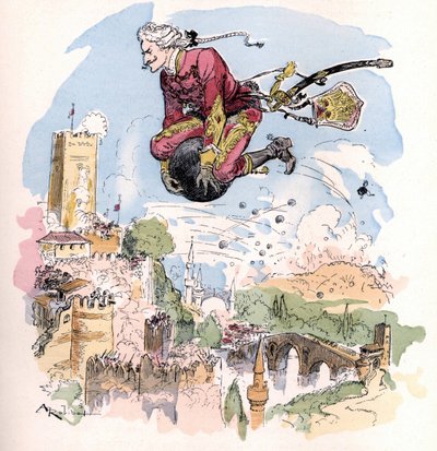 Ilustración de Albert Robida en “Histoire et aventures du Baron de Munchausen (Munchhausen), H. Laurens Ed., finales del siglo XIX” de Unknown artist