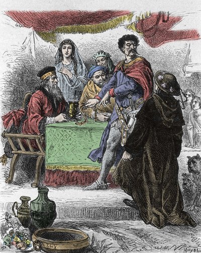 Ilustración para "Ivanhoe" de Walter Scott (1771-1832), escritor escocés: Ivanhoe es desafiado por el caballero sajón Brian de Bois Guilbert. de Unknown artist