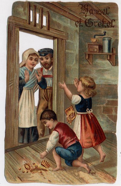Ilustración para el cuento de los hermanos Grimm "Hansel y Gretel": Hansel y Gretel regresaron a sus hogares, dieron a sus padres las joyas que habían encontrado. Cromolitografía de finales del siglo XIX. de Unknown artist