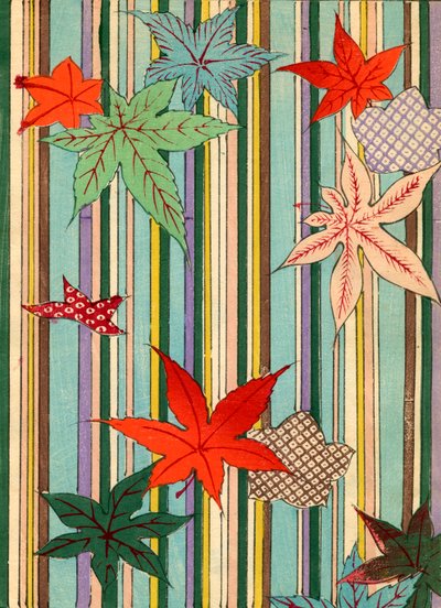 Ilustración de Hojas de Otoño sobre un Fondo Rayado de Unknown artist