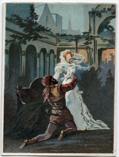 Ilustración de “Ernani” del compositor italiano Giuseppe Verdi (1813-1901), acto 2, escena IV ópera creada en 1844 después de la tragedia “Hernani” de Victor Hugo. Cromolitografía de finales del siglo XIX de Unknown artist