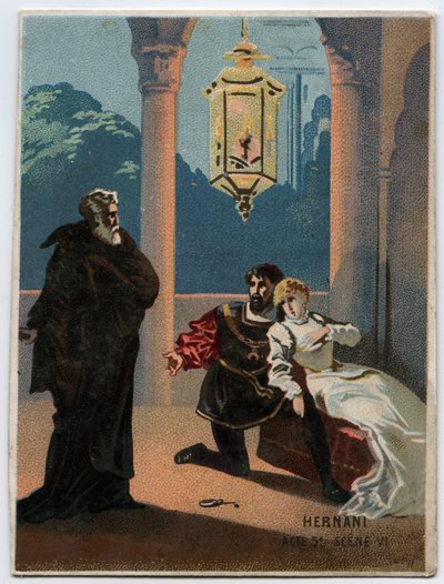 Ilustración de "Ernani" del compositor italiano Giuseppe Verdi (1813-1901), acto 5, escena VI, ópera creada en 1844 después de la tragedia "Hernani" de Victor Hugo. Cromolitografía de finales del siglo XIX. de Unknown artist