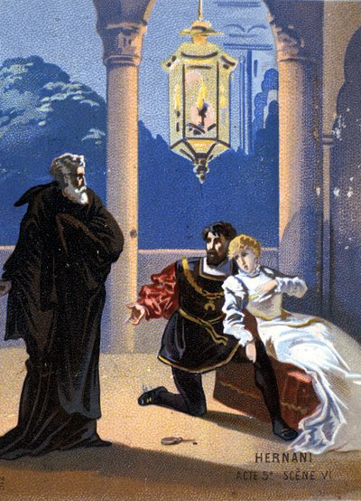 Ilustración de "Ernani" del compositor italiano Giuseppe Verdi (1813 - 1901), acto V, escena 6, ópera creada en 1844 después de la tragedia "Hernani" de Victor Hugo. Cromolitografía de finales del siglo XIX. de Unknown artist