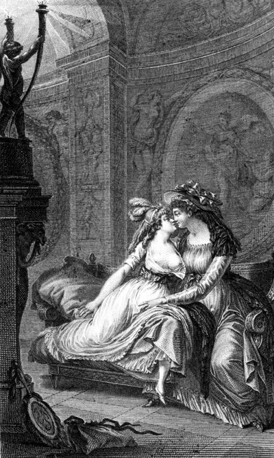 Ilustración de "Las relaciones peligrosas" de Choderlos de Laclos (1741 - 1803): escena de libertinaje entre dos mujeres. de Unknown artist